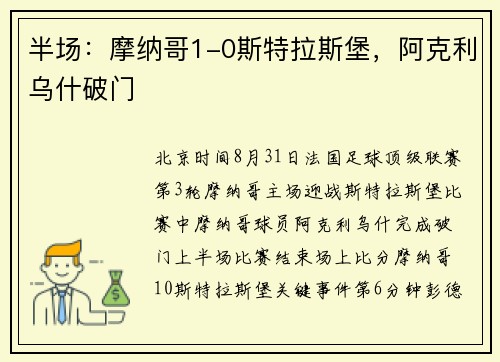 半场：摩纳哥1-0斯特拉斯堡，阿克利乌什破门